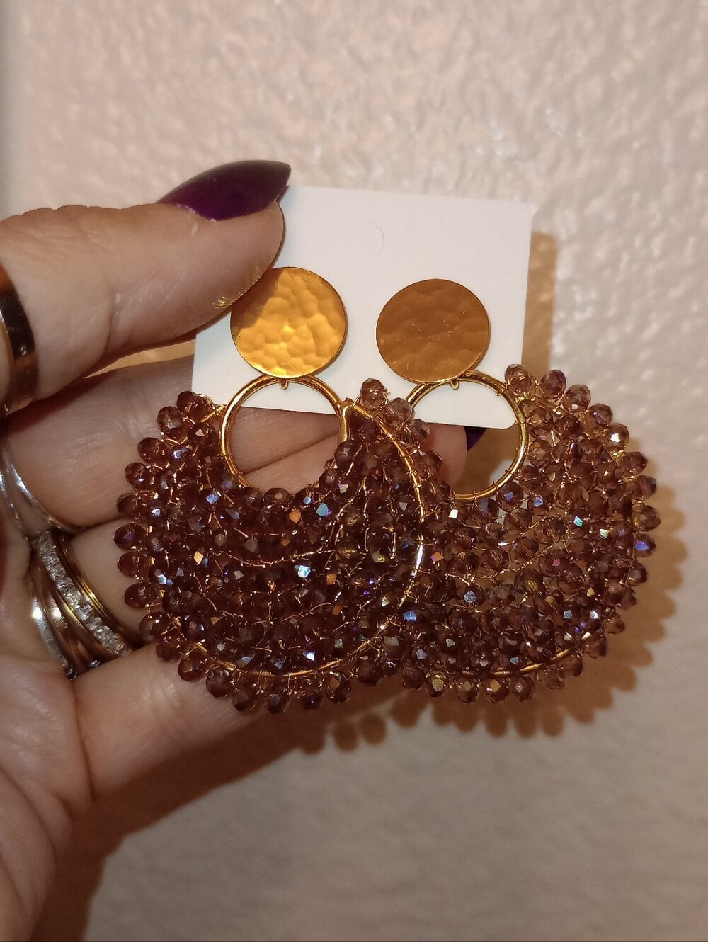 Gold-tone Brown Translucent Crystal Bead Wrapped Hoop Earrings